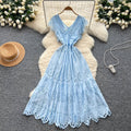Vintage court style flutter sleeve dress - women's summer hollow-out crochet, high-end design, elegant socialite, light luxury maxi dress