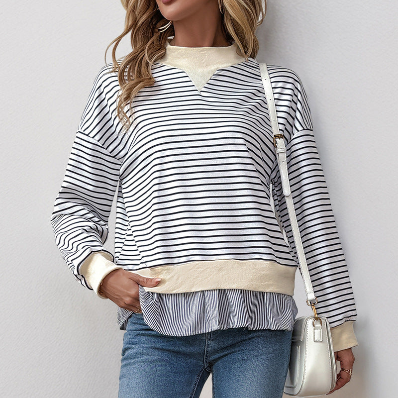 European and American  2025 new  versatile casual dating commuter semi-turtleneck loose striped fake two-piece sweater