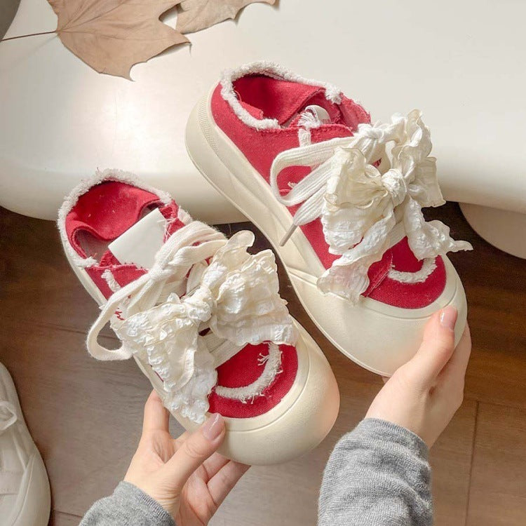 Cute bowknot chunky sole bread loafers - women's 2026 autumn lightweight ins style student versatile two-way trendy sneakers
