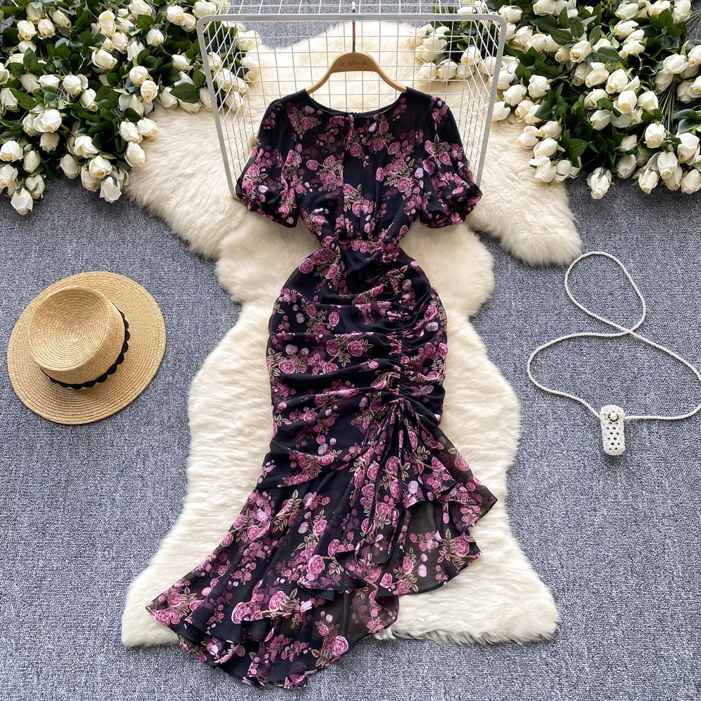 Frenchromantic atmosphere floral dress women's summer puff sleeves asymmetrical design niche styleaccessible luxury fishtail long skirt