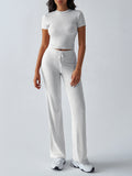2025 european and american new arrival cross-border women's spring/summer elegant solid color crew neck casual fashion set - short sleeve top and long pants