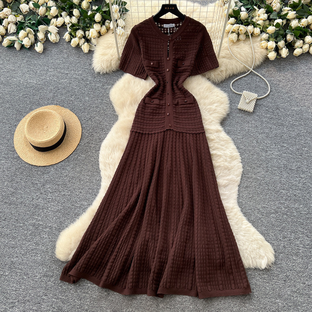 French style chic casual dress - women's short sleeve korean a-line dress - high waist slimming work-ready elegant dress