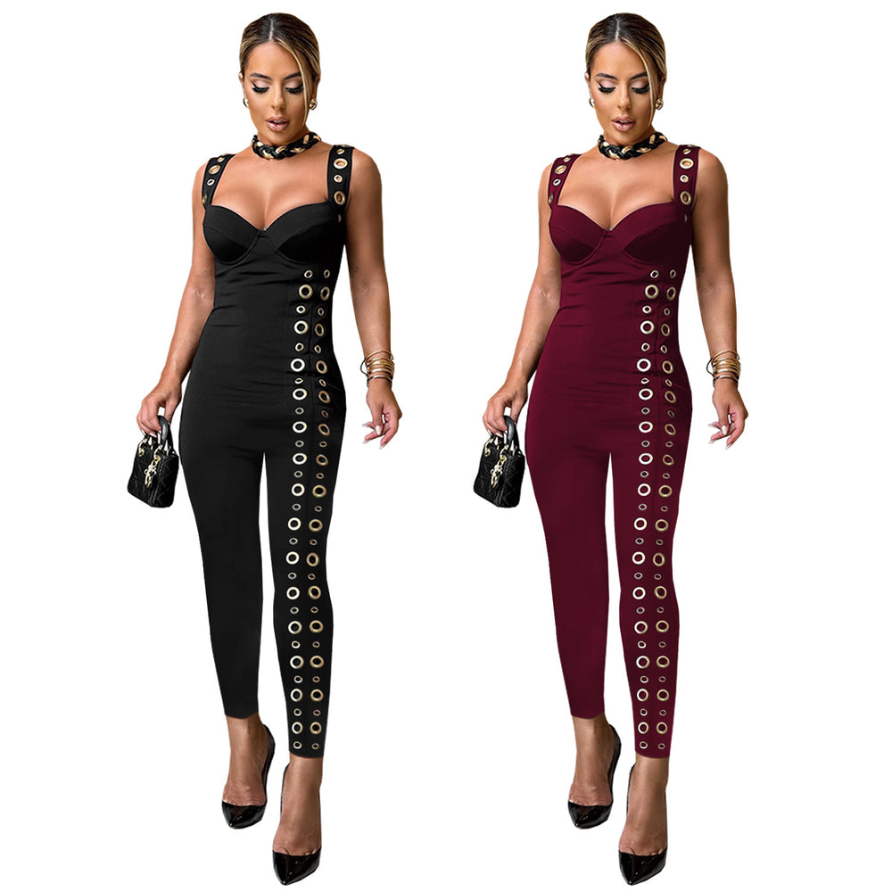C7490 cross-border   fashion women's sexy strapless bodycon jumpsuit with eyelet detail - new