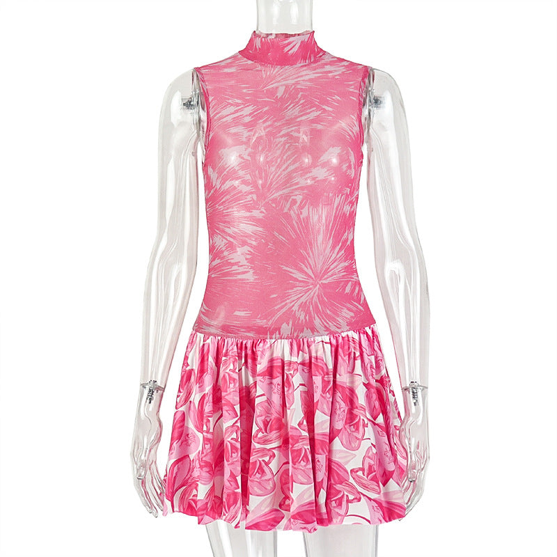 European and american style ins cross-border sweet girl's fashion color block print zipper a-line sleeveless high neck short dress