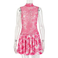 European and american style ins cross-border sweet girl's fashion color block print zipper a-line sleeveless high neck short dress