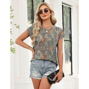 Amazon fashionelegance round neck short sleeve shirt women's  summer new casuallooseeleganttops