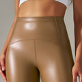 Clearance european and american  high waist hip lifting and abdominal tightening waist pu leather pants inner brushed yoga bottom leather pants nine-point pants