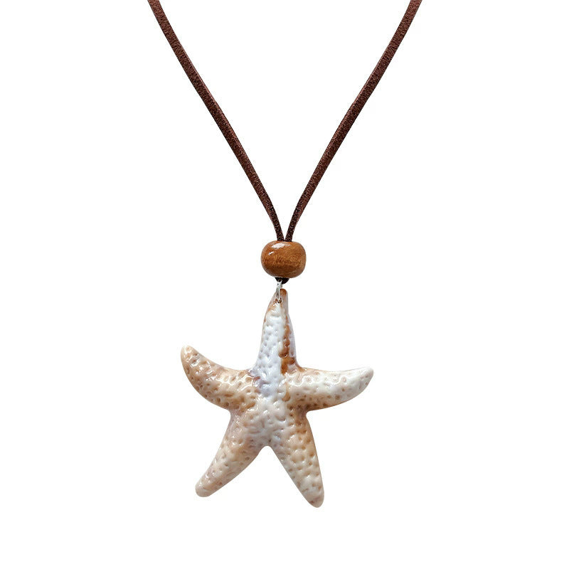 2026new arrival forest style retro starfish pendant necklace lazy style literary leather rope necklace ocean style clavicle chain