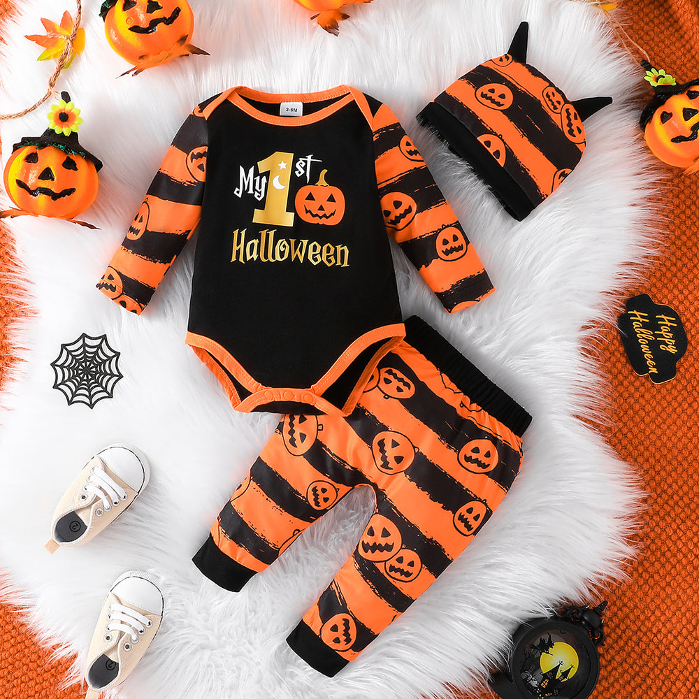 baby halloween pumpkin print long-sleeve romper + pants + hat three-piece set