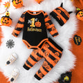 baby halloween pumpkin print long-sleeve romper + pants + hat three-piece set