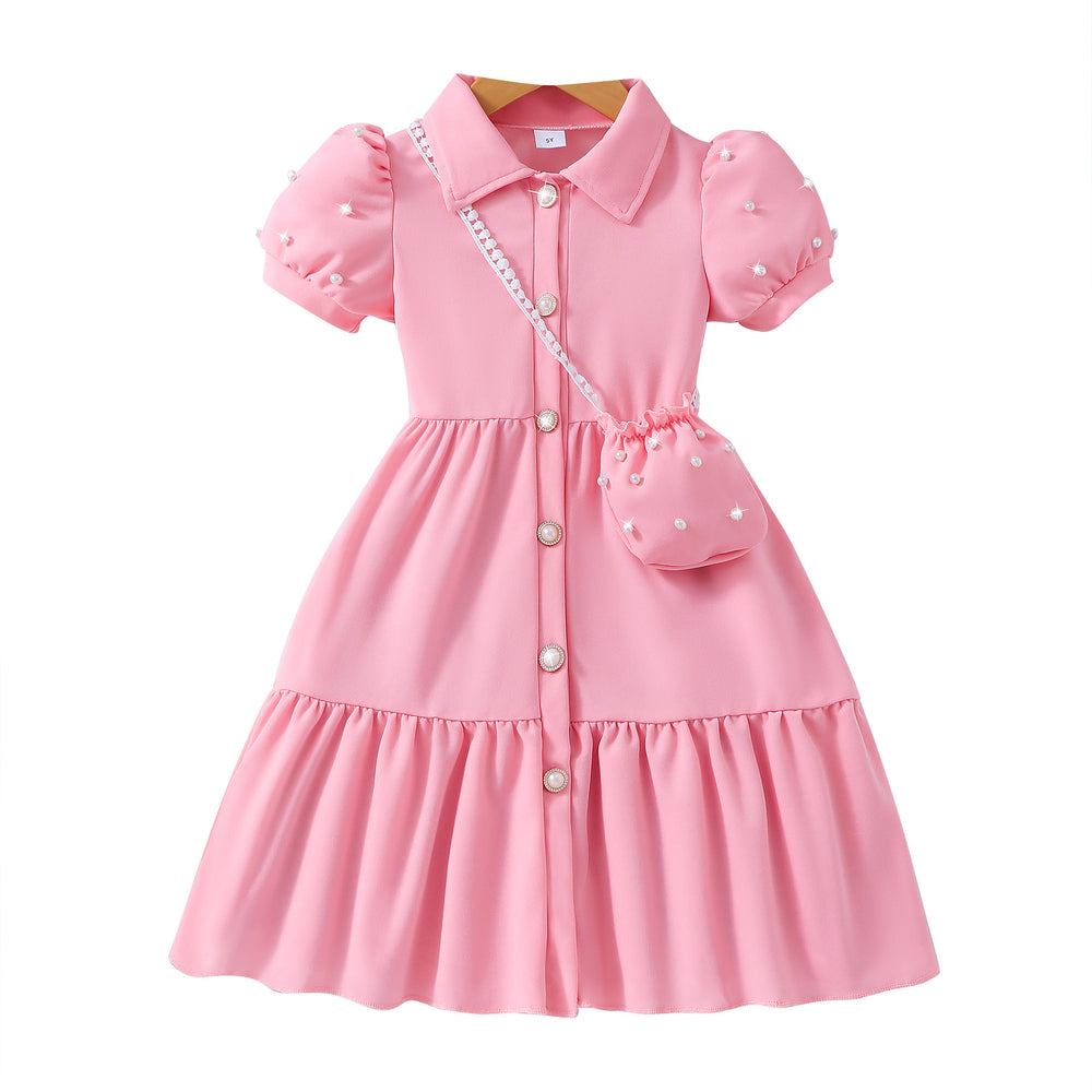 Girls' dress, solid color dress with pearl sleeves + pearl crossbody bag