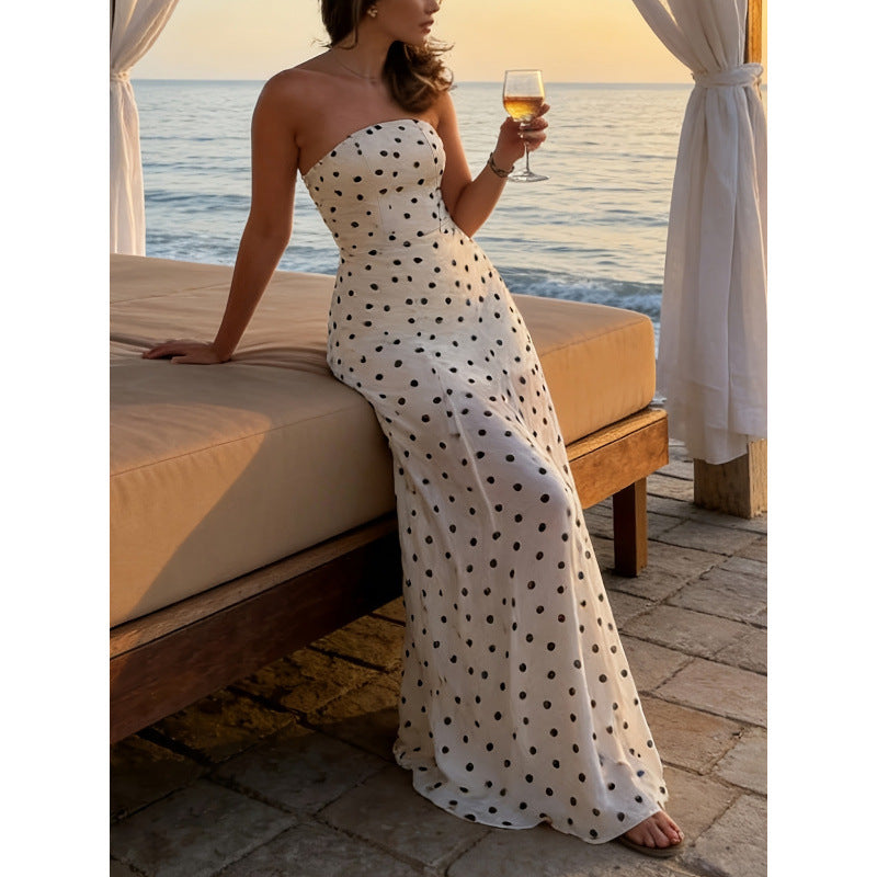 Women's new summer casual elegant polka dot print off-the-shoulder slim fit a-line maxi dress - perfect for dates