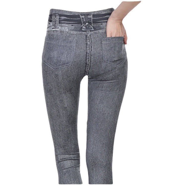 Tv shopping outwearprinting brushed fleece-lined women's imitation denim bottom pants with real flap pocket pants legging