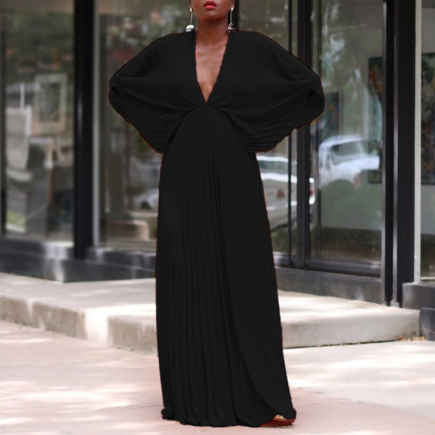 C8538  cross-border plus size women's summer european and american v-neck batwing sleeve loose casual pleated foreign trade dress