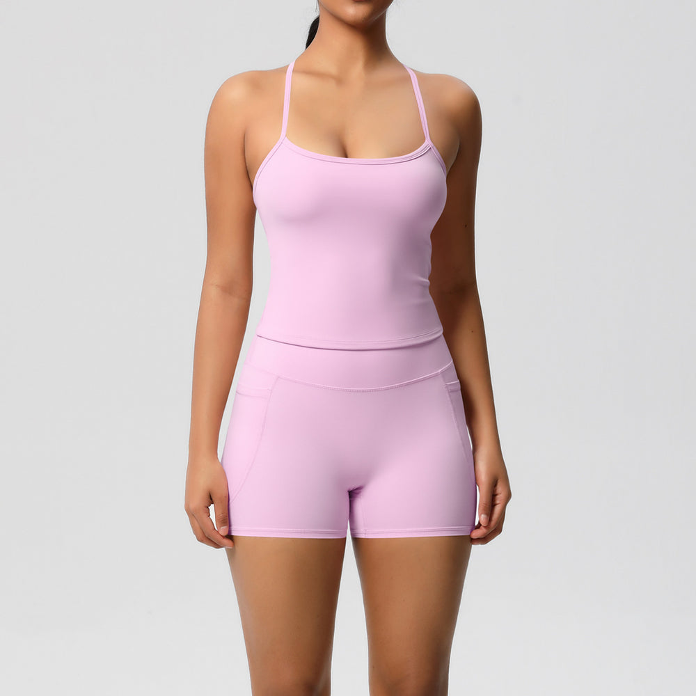 European and american style solid color cloud-feel yoga pants with pockets and breathable sports bra two-piece set for fitness and yoga