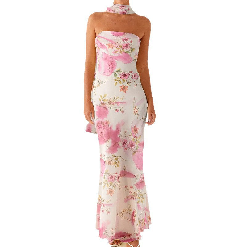 cross-border european and american women's clothing: summer new arrival - elegant socialite satin backless bandeau digital print dress
