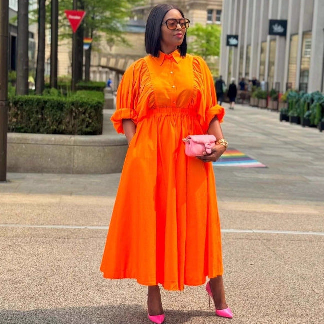 European and American large size lapel solid color long cardigan dress women's African loose foreign style fashion new long skirt tide