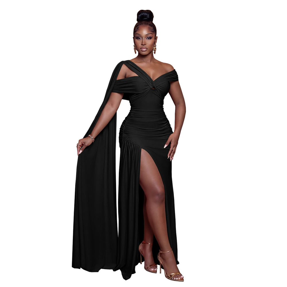 C7667 cross-border   fashion women's elegant sexy high-slit shawl dress - new arrival