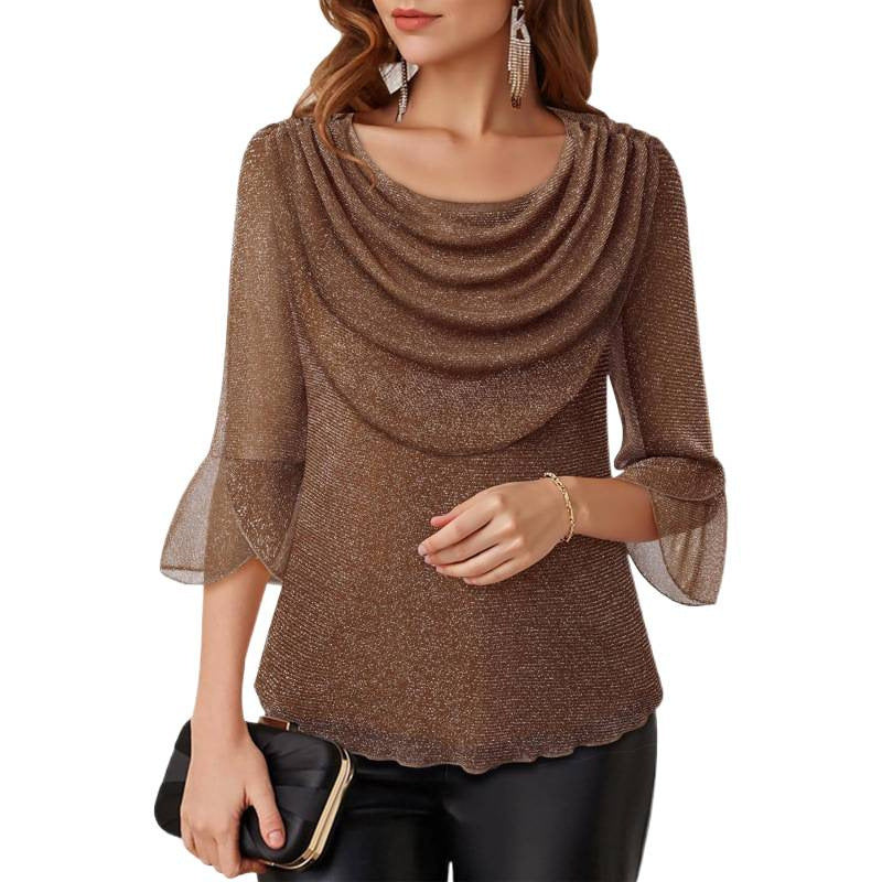 Amazon fashion retrocasual three-quarter sleeve shirt for women summernew arrival swing collar shinytops