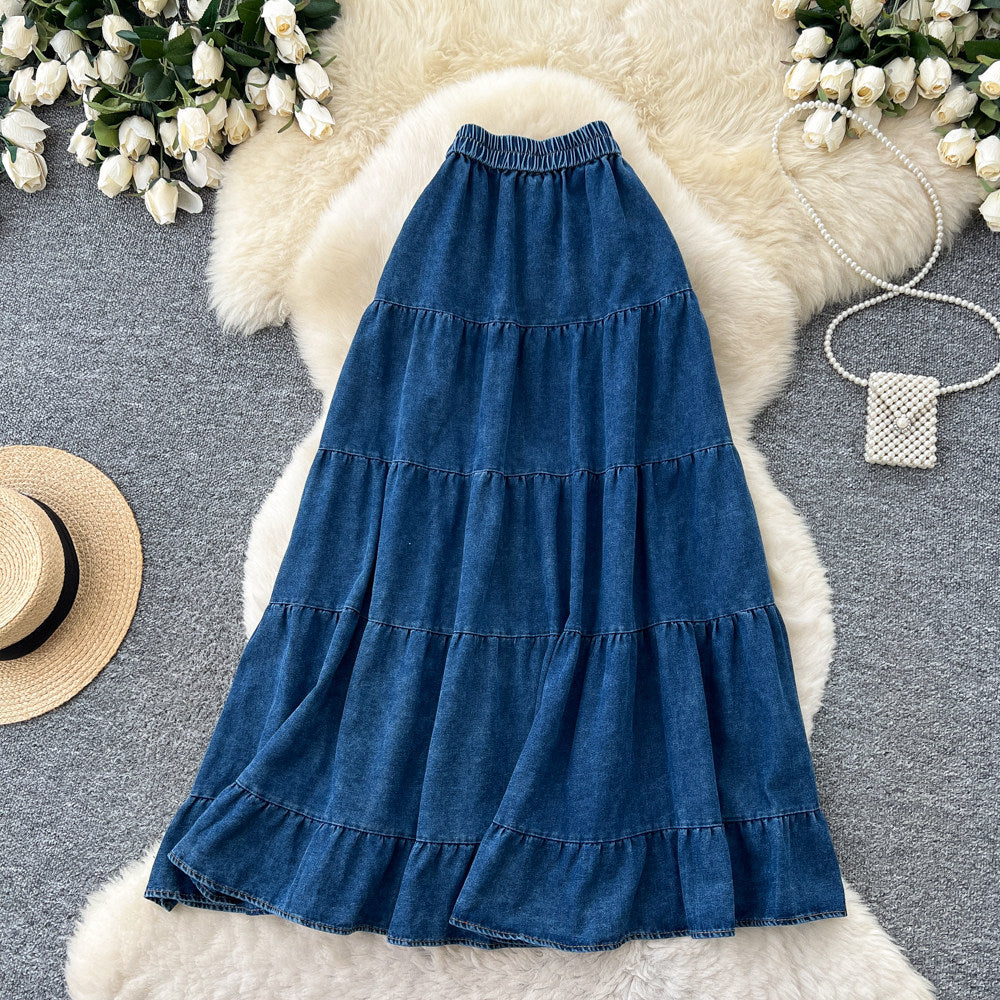 K-stylecasual style denim pleated a-line skirt women's slimming look elastic waist cake skirt easiest for matchwork clothing long skirt