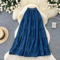 K-stylecasual style denim pleated a-line skirt women's slimming look elastic waist cake skirt easiest for matchwork clothing long skirt