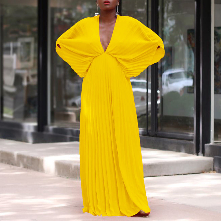 C8538  cross-border plus size women's summer european and american v-neck batwing sleeve loose casual pleated foreign trade dress