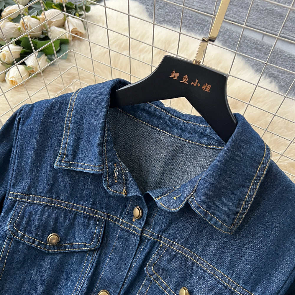 Work clothingretro denim lapel long sleevesnew arrivaldress women's waist slimming look a-line fashion long skirt eleganceelegant