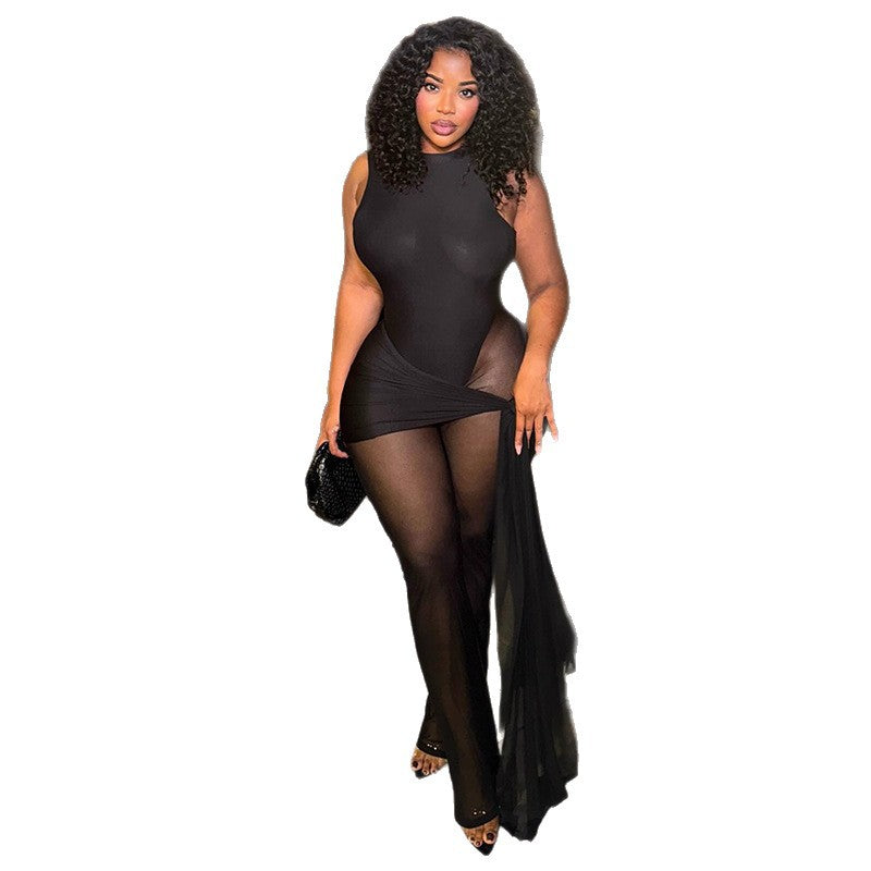European and american style cross-border slim-fit activewear women's round neck sheer mesh bodysuit sexy solid color open back long jumpsuit