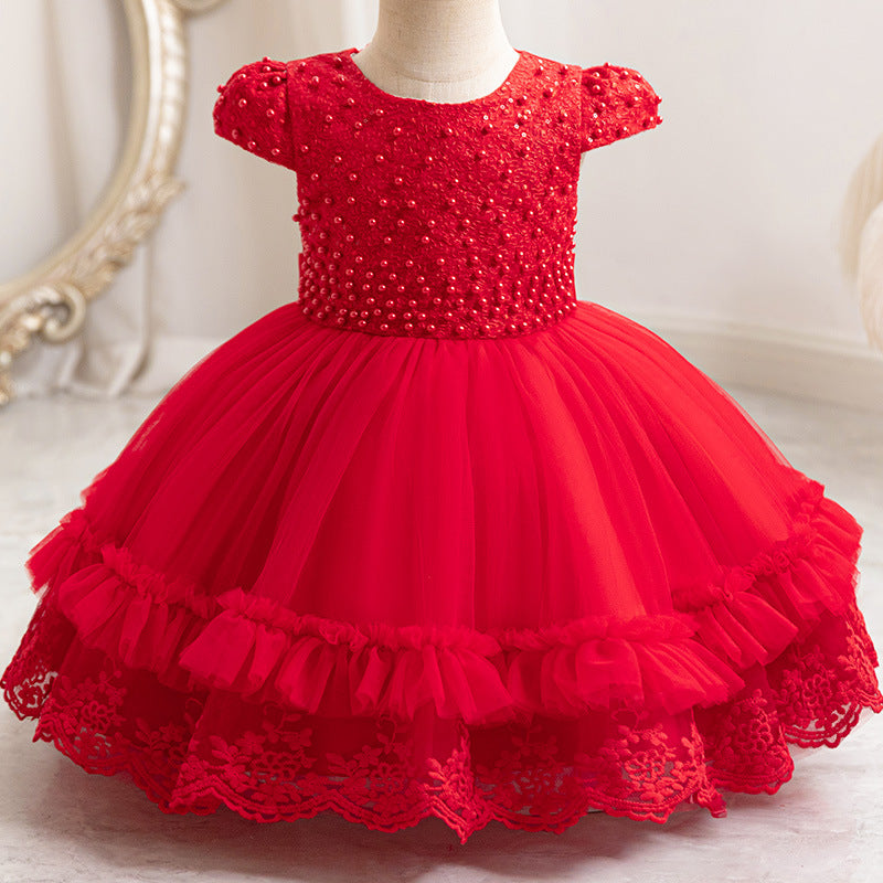 Ready-to-ship wholesale girls' dresses, beaded tulle princess dresses, christmas party evening gowns, kids' dresses