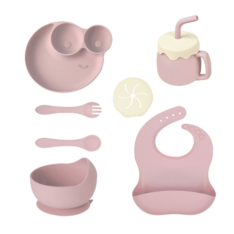 Children's Silicone Plate 7-piece Set Baby Separate Plate Feeding Bib Water Cup Fork Spoon Supplementary Food Bowl Tableware
