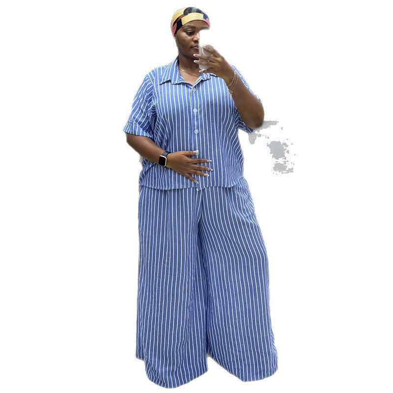 European and american style women's  autumn new striped turn-down collar short-sleeve shirt and high-waisted wide-leg pants fashion casual set