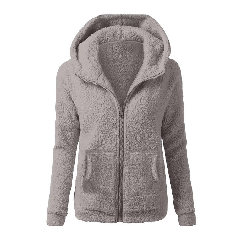 women's fashion solid color hoodie - loose fit plush zip-up jacket top