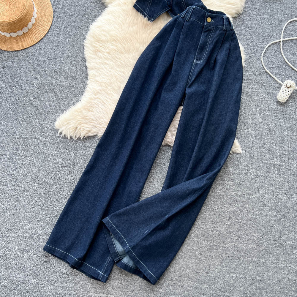 European and american retro hot girl outfit: women's autumn deep v sleeveless denim shirt + high-waisted slimming trousers with a drapey fit