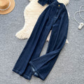 European and american retro hot girl outfit: women's autumn deep v sleeveless denim shirt + high-waisted slimming trousers with a drapey fit