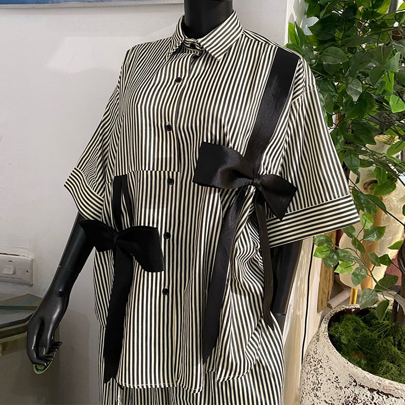 European and american cross-border women's fashion:  summer new collection - stylish patchwork bowknot striped short-sleeve shirt and wide-leg pants set