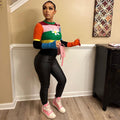 European cross-border women's clothing   winter new color block crew neck flared sleeve floral knit sweater