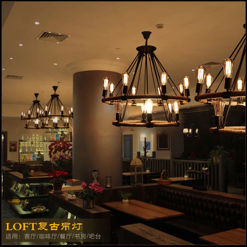 American retro hemp rope chandelier creative hotel lobby B & B restaurant lamp personalized industrial style hotel box lamp