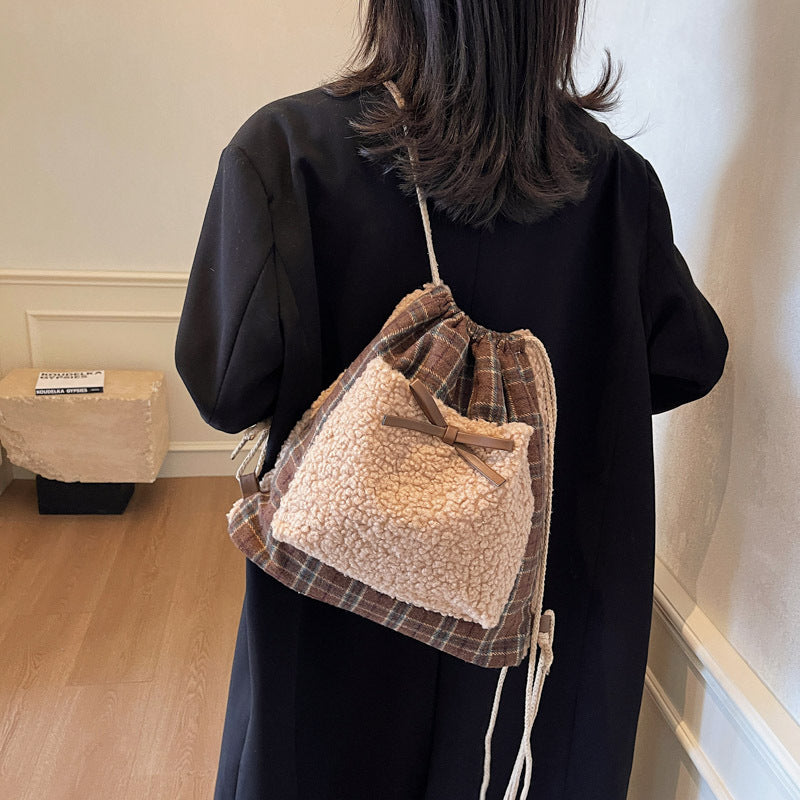 Plaid work double shoulder schoolbag women's lazy wind thickened large capacity backpack morning eight leisure college fitness bag bundle mouth