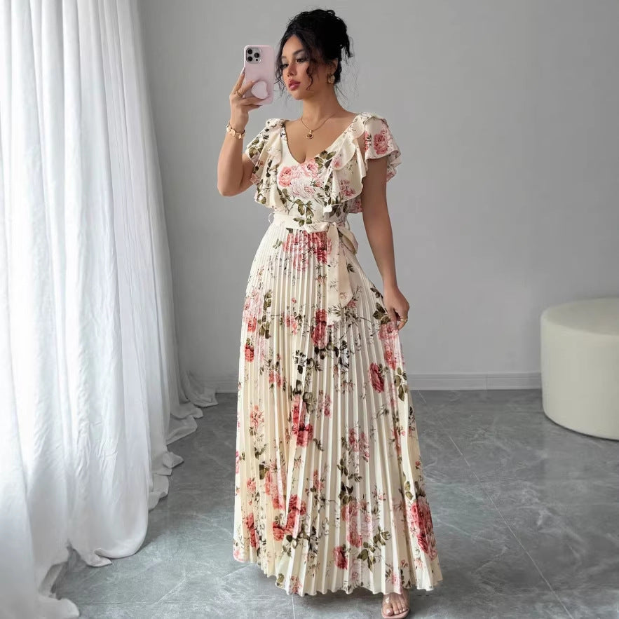 european and american cross-border e-commerce v-neck floral print elastic waist elegant commute a-line midi dress - women's