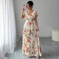 european and american cross-border e-commerce v-neck floral print elastic waist elegant commute a-line midi dress - women's