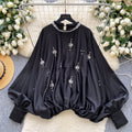 European and american fashion heavy-duty rhinestone embellished round neck lantern sleeve satin blouse - women's autumn fashion loose fit, slimming, and figure-flattering top