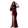 C7641 cross-border   fashion women's sexy lace hollow-out slit bodycon dress