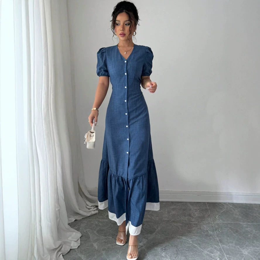 European and american   summer gentle first love style slim fit button-down waist-defining lace-trimmed maxi dress
