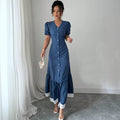 European and american   summer gentle first love style slim fit button-down waist-defining lace-trimmed maxi dress