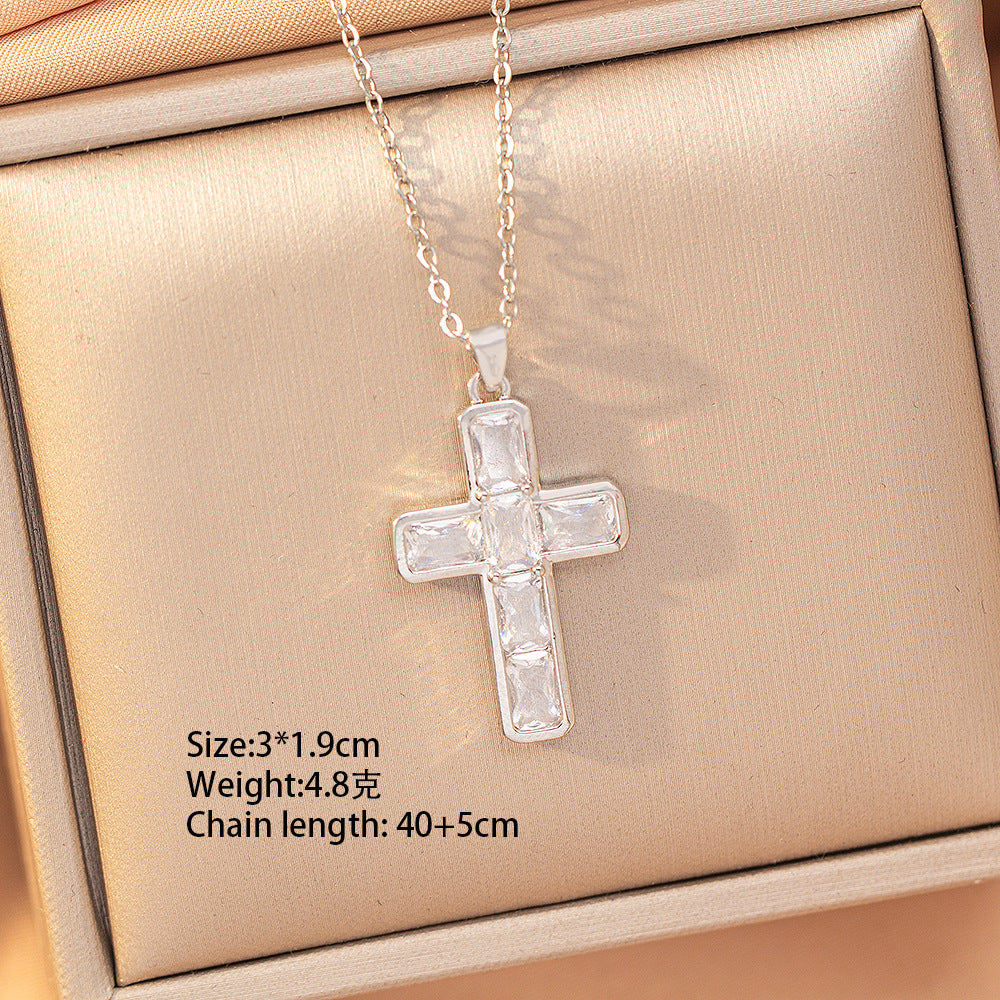 [titanium steel] fashion popular copper inlaid zirconium cross necklace high-end accessible luxury fashion stylish clavicle chain jewelry