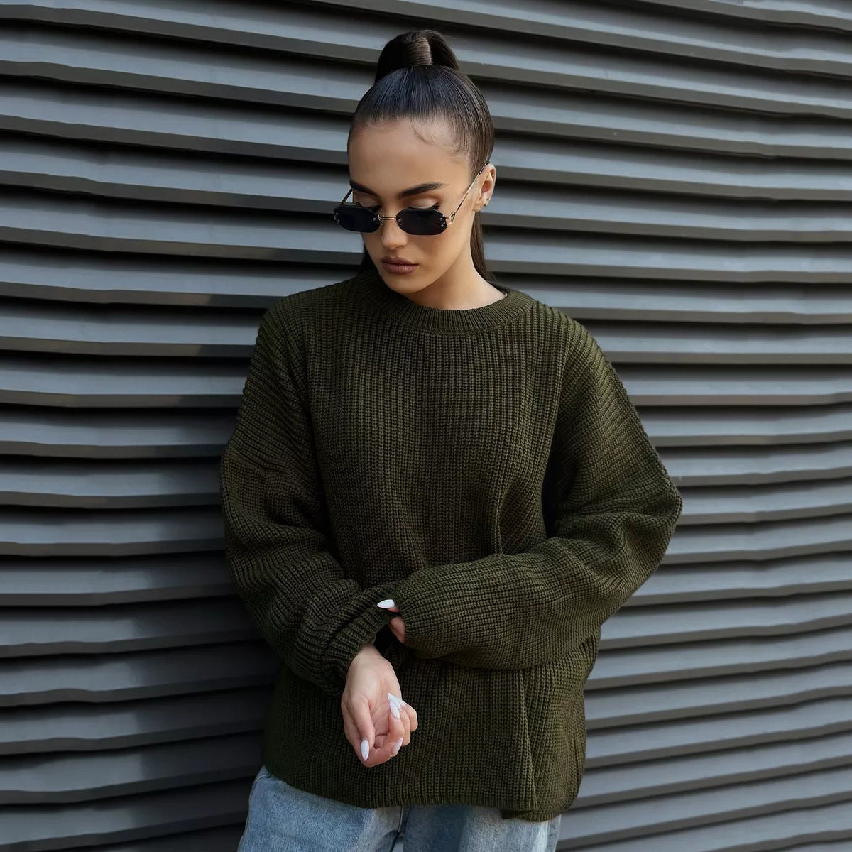 Cross-border solid color crew neck sweater 2024 European and American spring and autumn loose knitted sweater Ins  pullover women