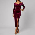 Fashion cross-border gold velvet silm hip-hugging dress women's new arrival cross v neck one-line collar off-shoulder slit long skirt