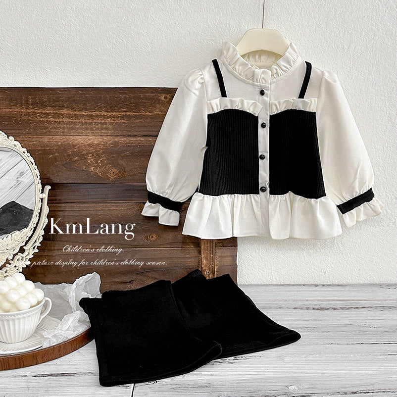 Girls' outfit set:  autumn new fashion korean style chanel-inspired blouse, chic two-piece set for little girls