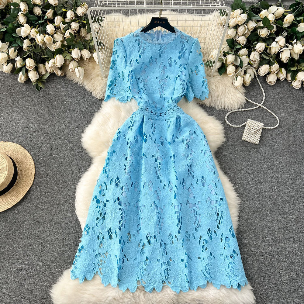 Early spring dress 2024 new women's spring and autumn heavy water-soluble lace cut out airy longdress vacation dress
