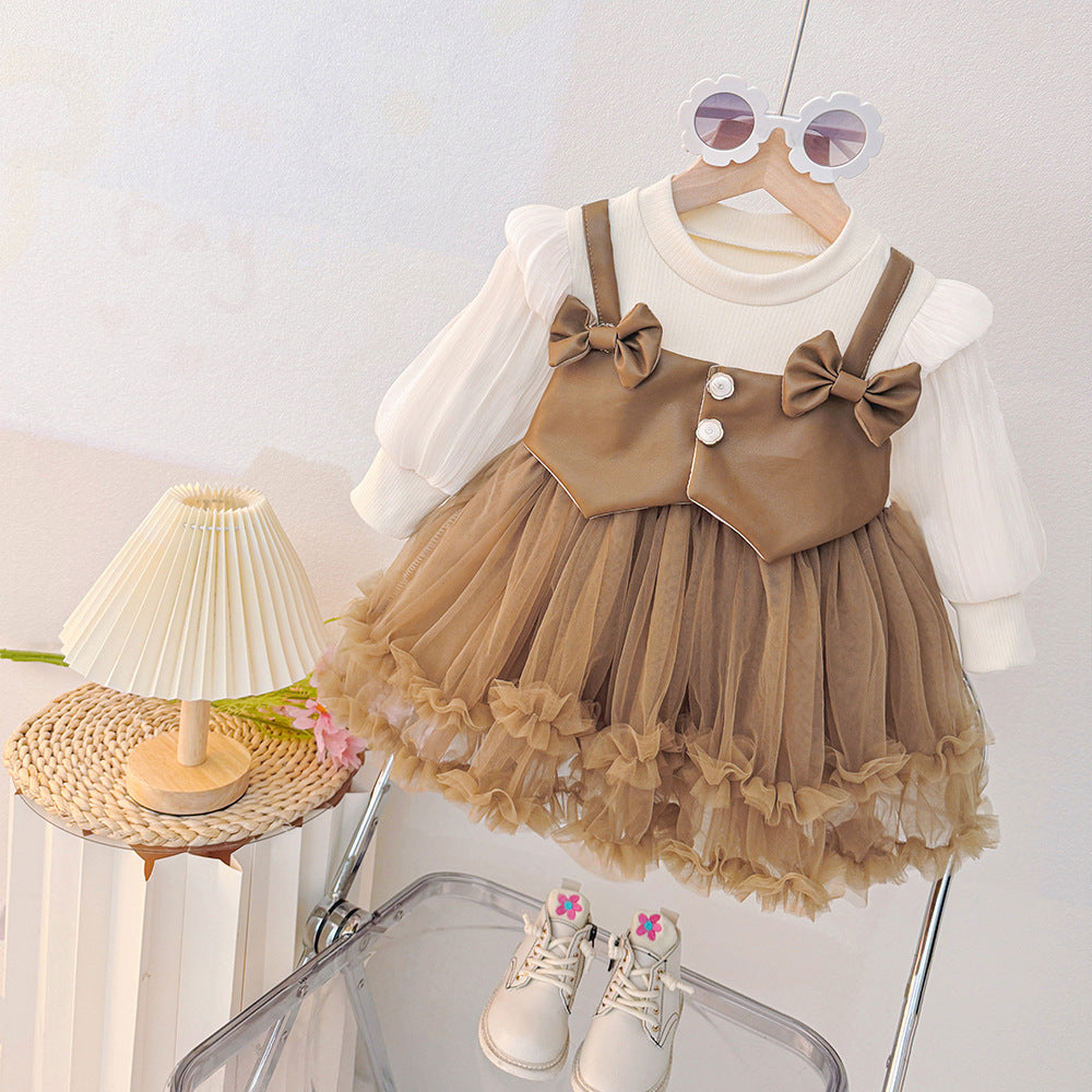 Spring girls' dress  new mesh long sleeve spring korean style fashion solid color chic baby girl dress